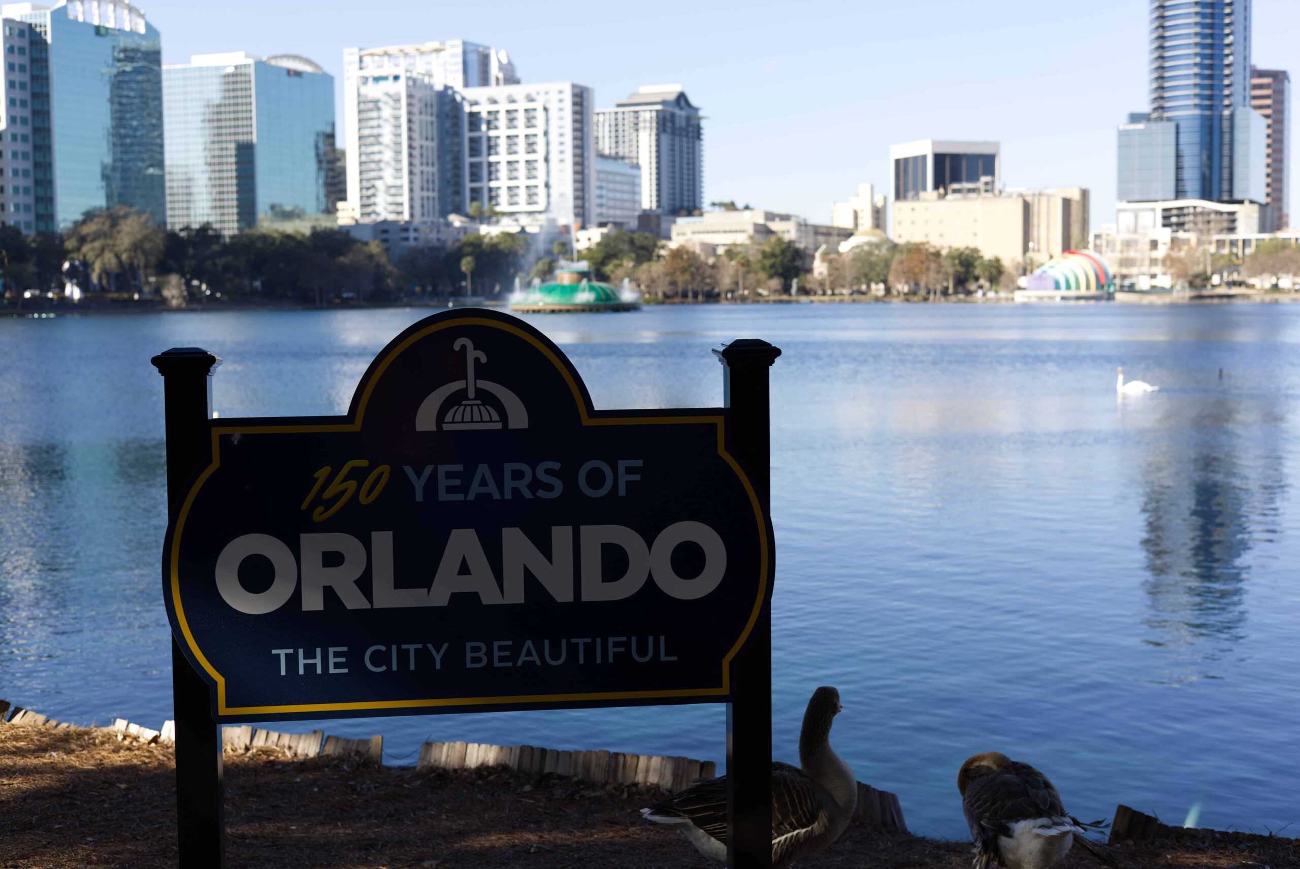 City view of Orlando Florida with the official sign